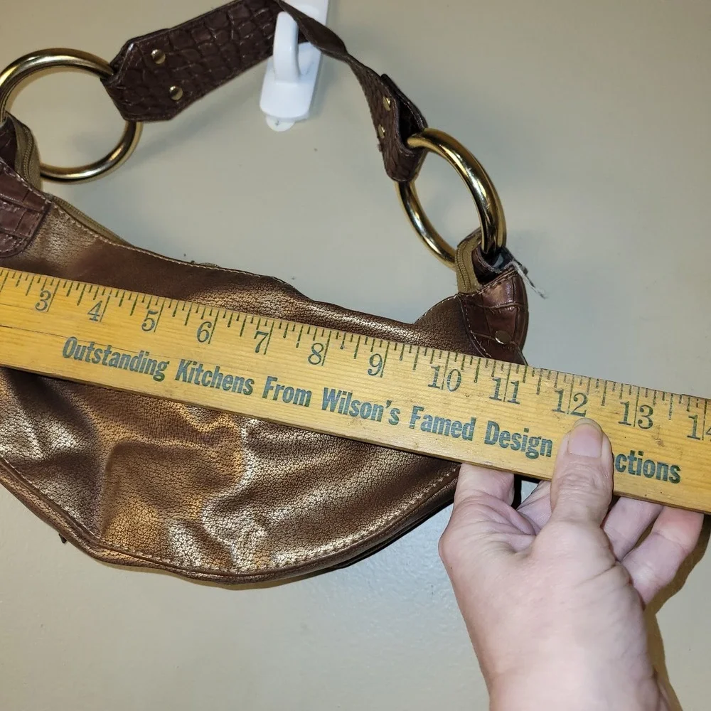 Womens Metallic Bronze Hobo Bag Faux Leather Croc Strap Gold Ring Hardware Small